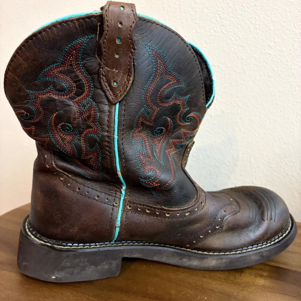 Justin Cowboy Boots 11B Brown Leather Turquoise Stitch Western Kids L9607